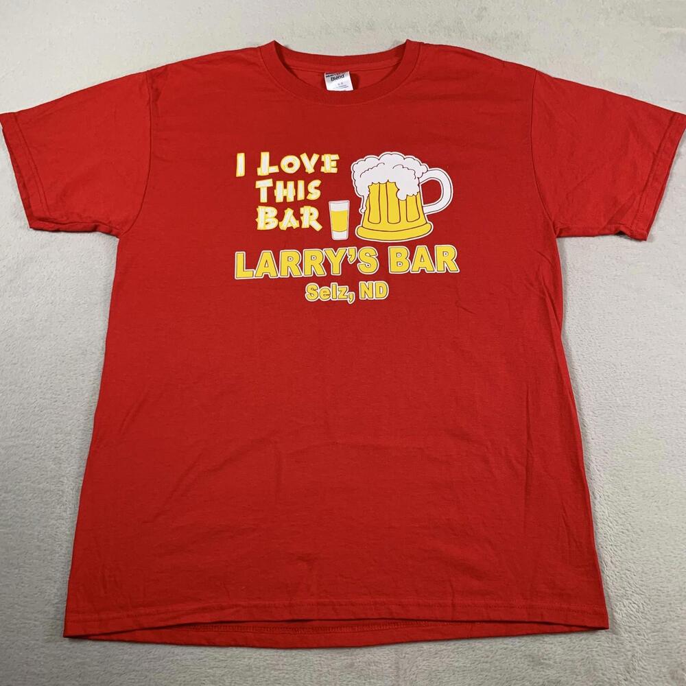VTG Larry's Bar Shirt Mens Large Red Selz ND I Love This Bar Beer Mug Pub Tee